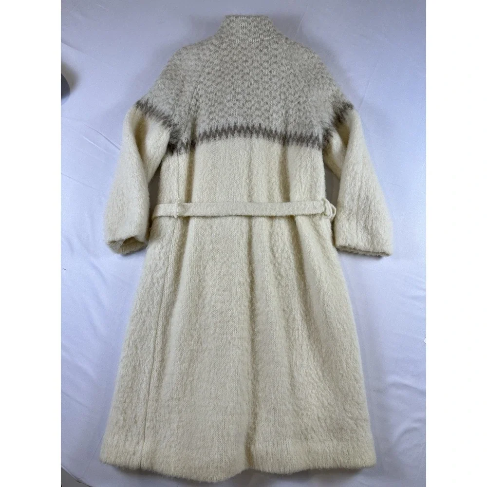 Vtg Karen Isull Of Iceland Wool Mohair Belted Duster Coat Cardigan Cream Brown L
